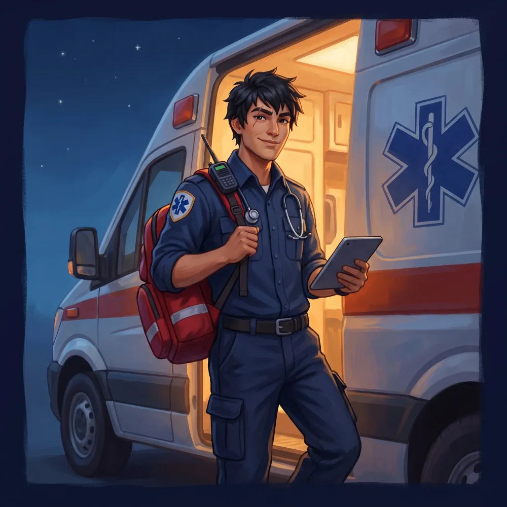 An EMT with a red jump bag leaning against his ambulance at dusk, looking up from a tablet