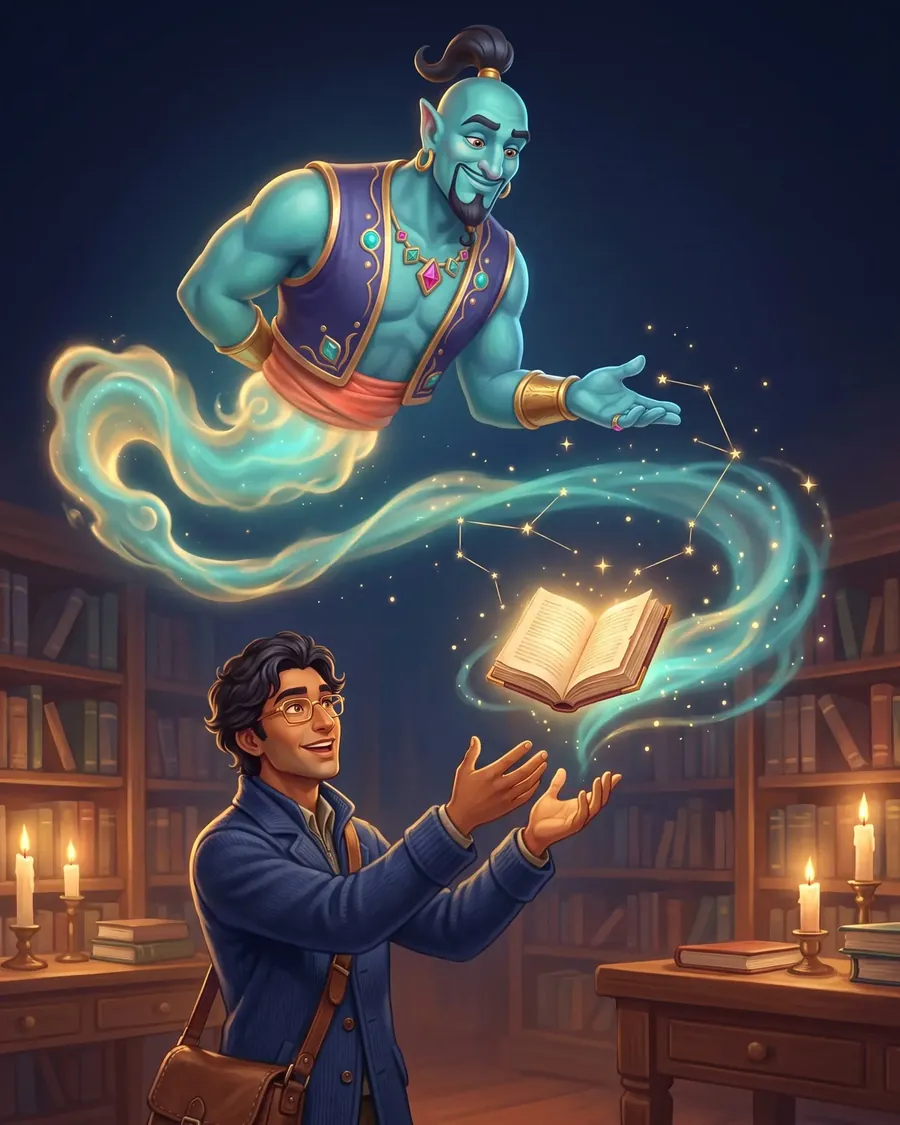 The Topic Genie hands a glowing book down to a scholar in a candlelit library