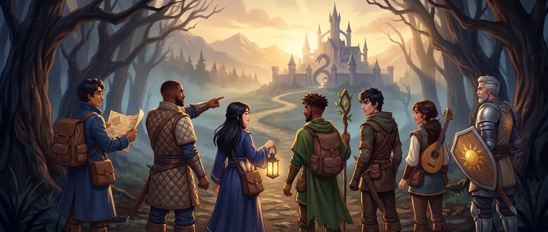 The seven heroes of the app, packs on, at the start of a road toward a distant academy at dawn