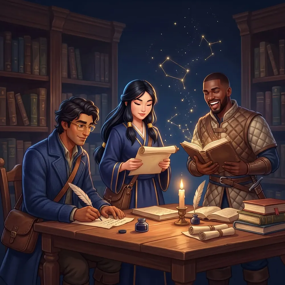 Three of the app's heroes, a scholar, a mage and a warrior, studying together at a candlelit library table