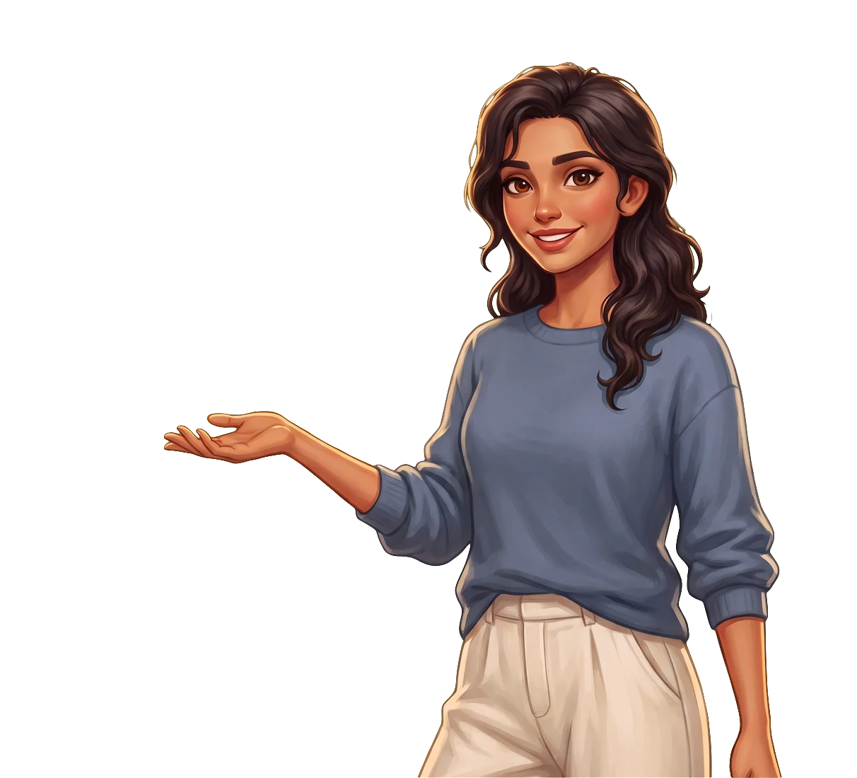The bard, in a blue sweater with her dark wavy hair loose, smiling and holding out an open hand toward the four screens