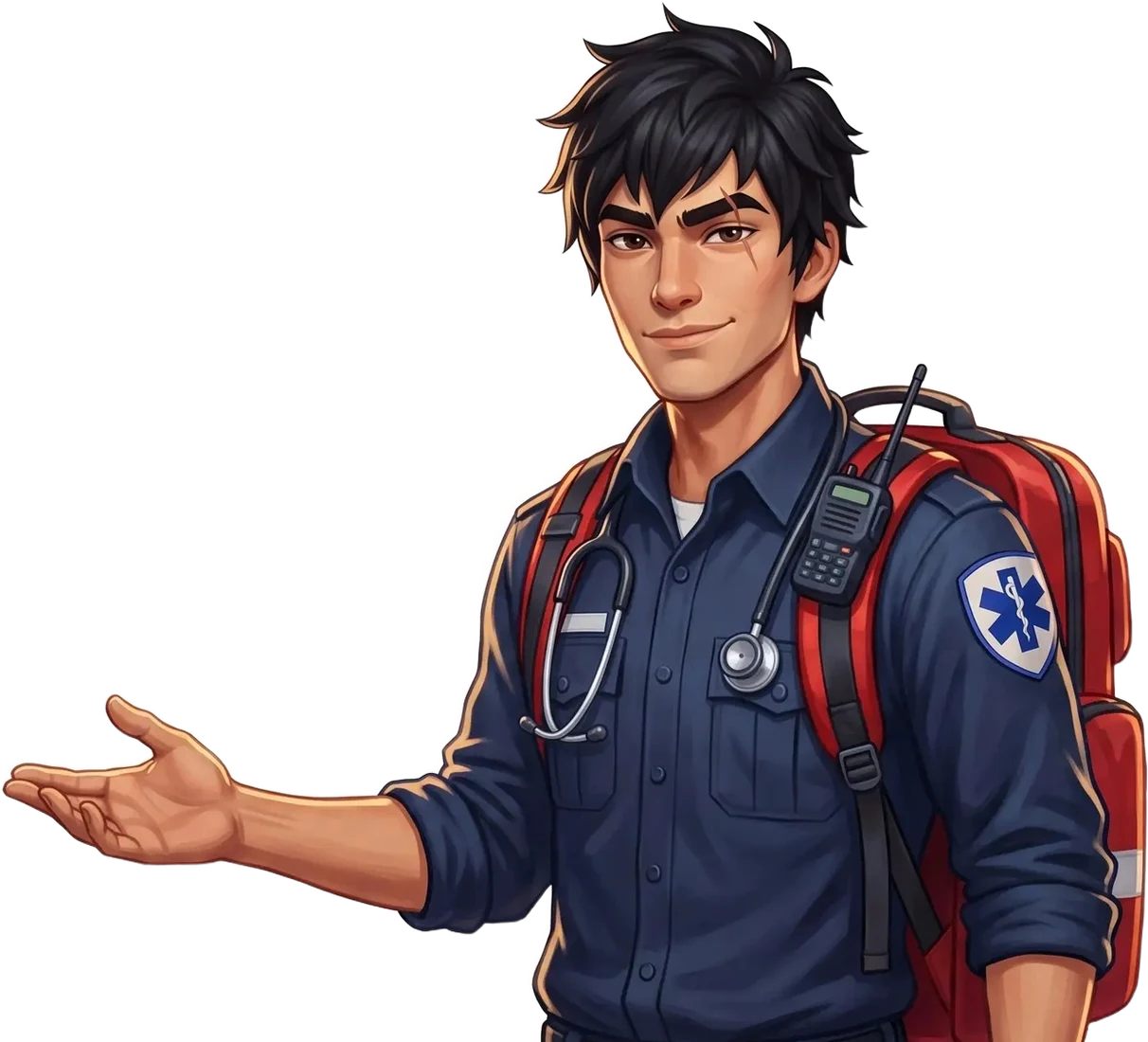 An EMT in a navy uniform with a red jump bag on his back, smiling, holding out an open hand toward the courses