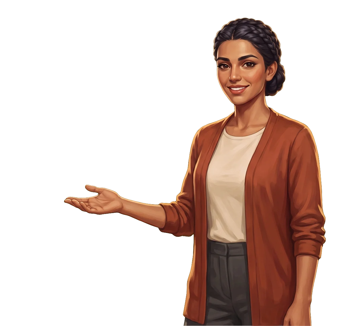 The paladin, in a rust cardigan with her dark hair in a braided crown, smiling and holding out an open hand toward the four screens