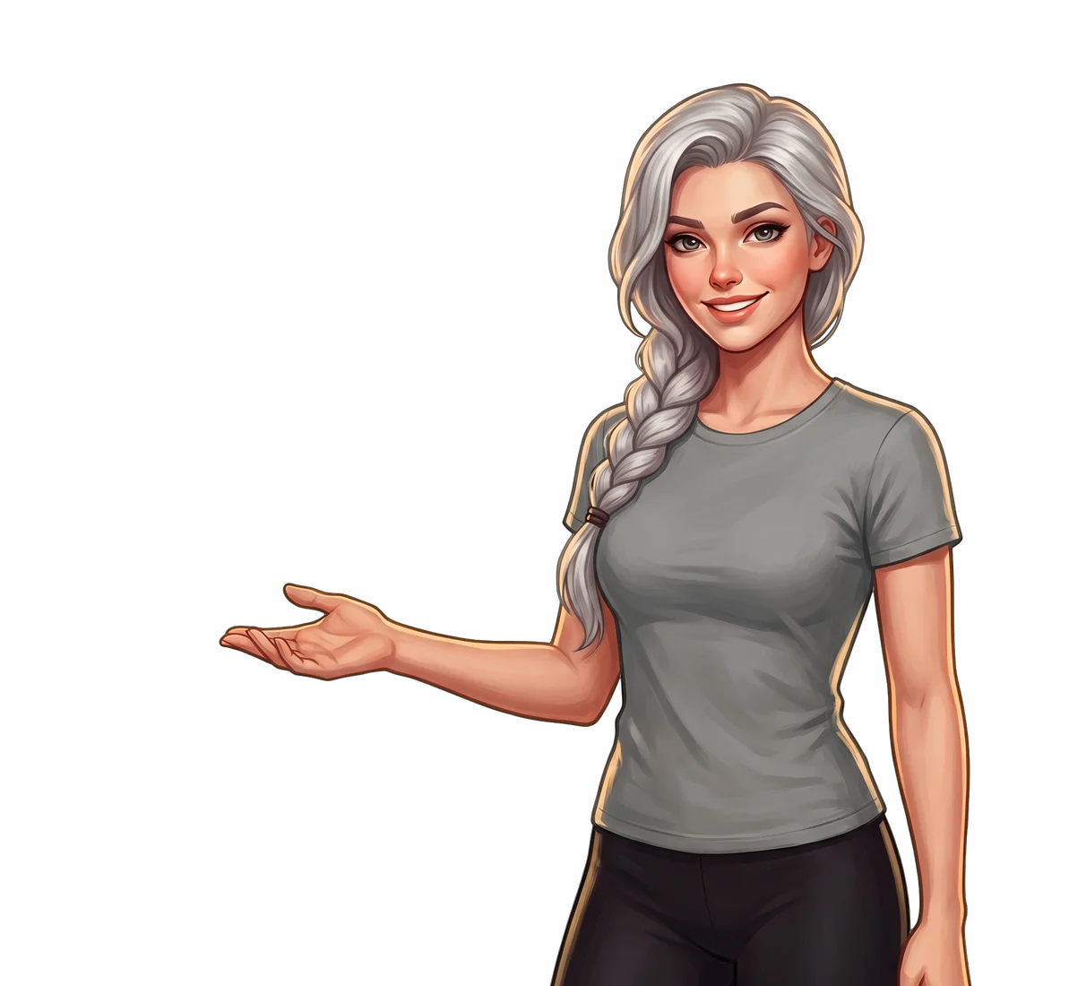 The rogue, in yoga clothes with her silver braid, smiling and holding out an open hand toward the four screens