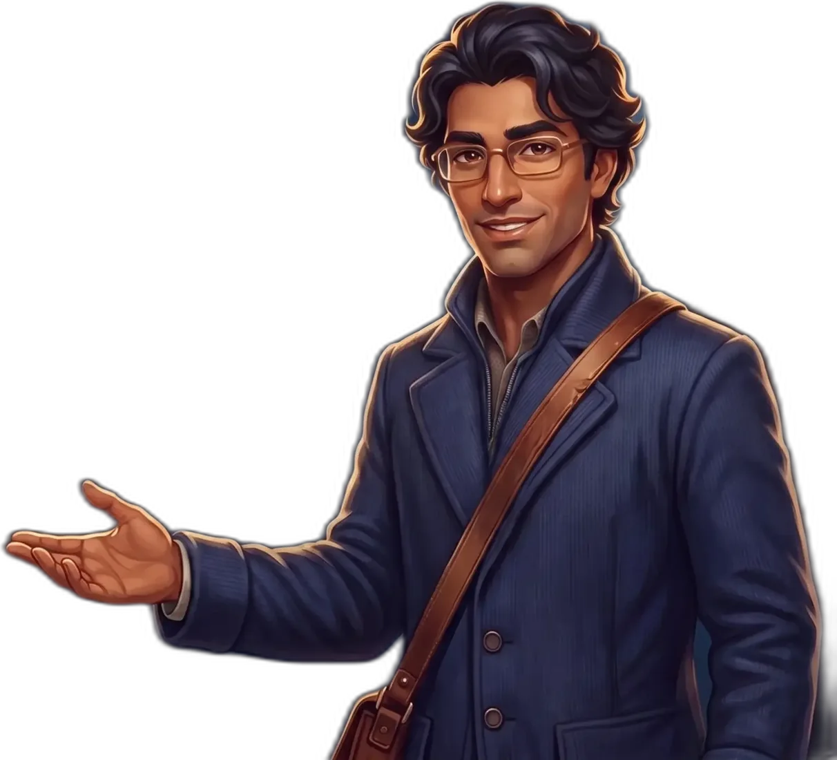 The scholar, smiling, holding out an open hand toward the four screens