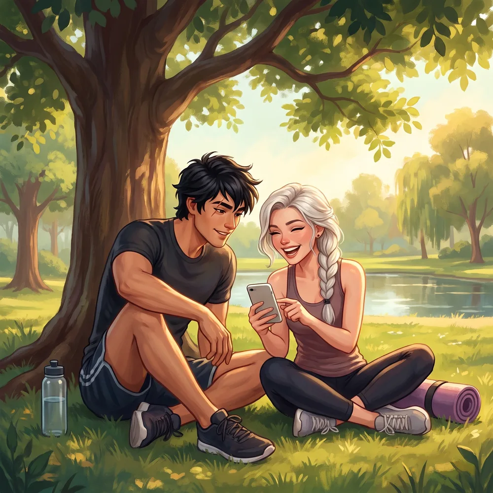 A young couple in running clothes sitting cross-legged under a shady tree in a park, laughing as she shows him something on her phone