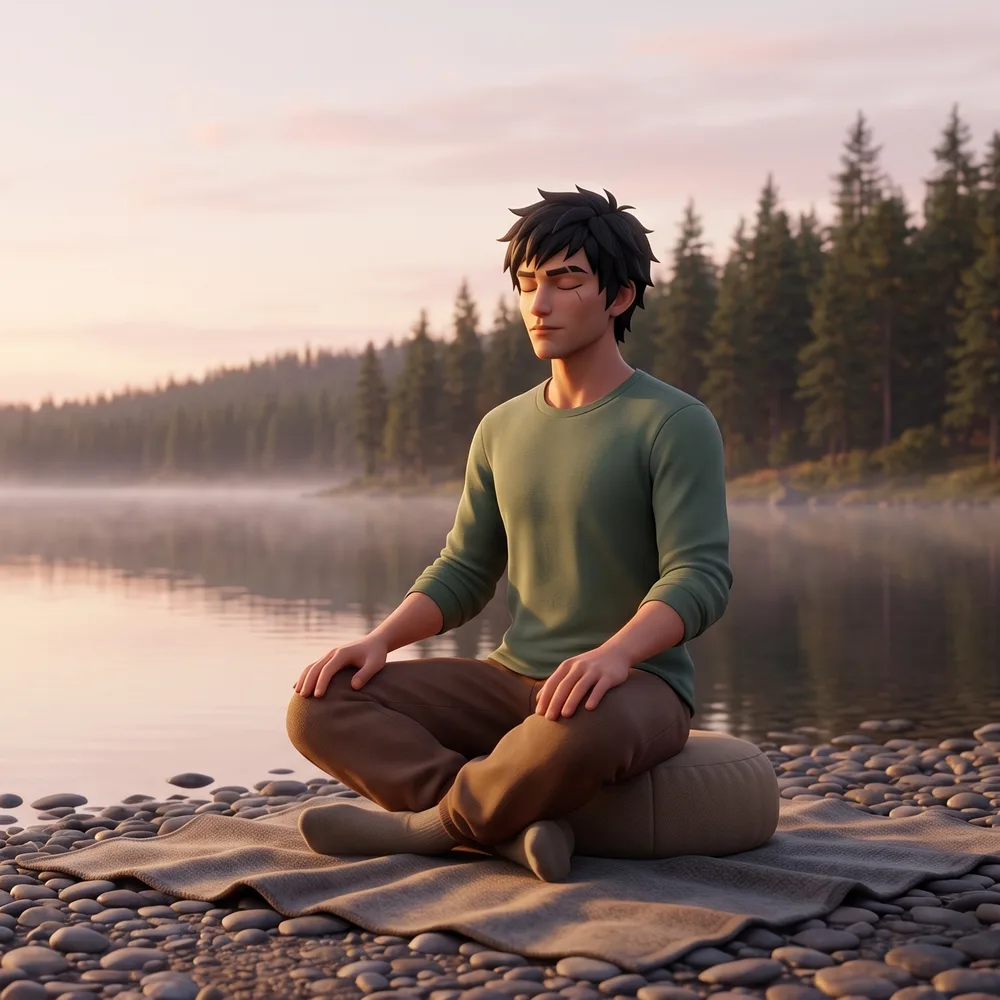 A young man sitting cross-legged on a round cushion at the edge of a misty lake at dawn, eyes closed, hands resting on his thighs