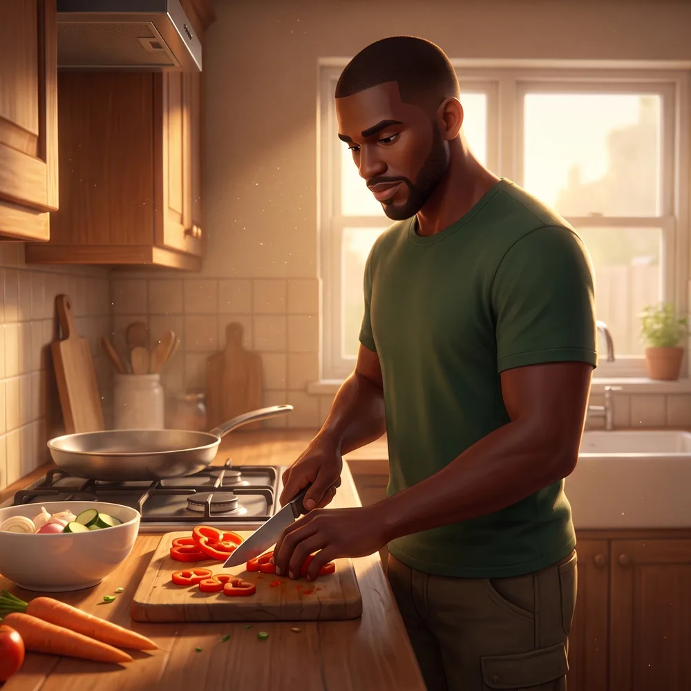 A man in a green t-shirt slicing red peppers on a wooden board at a sunny kitchen counter, with carrots, tomatoes and a bowl of vegetables beside him
