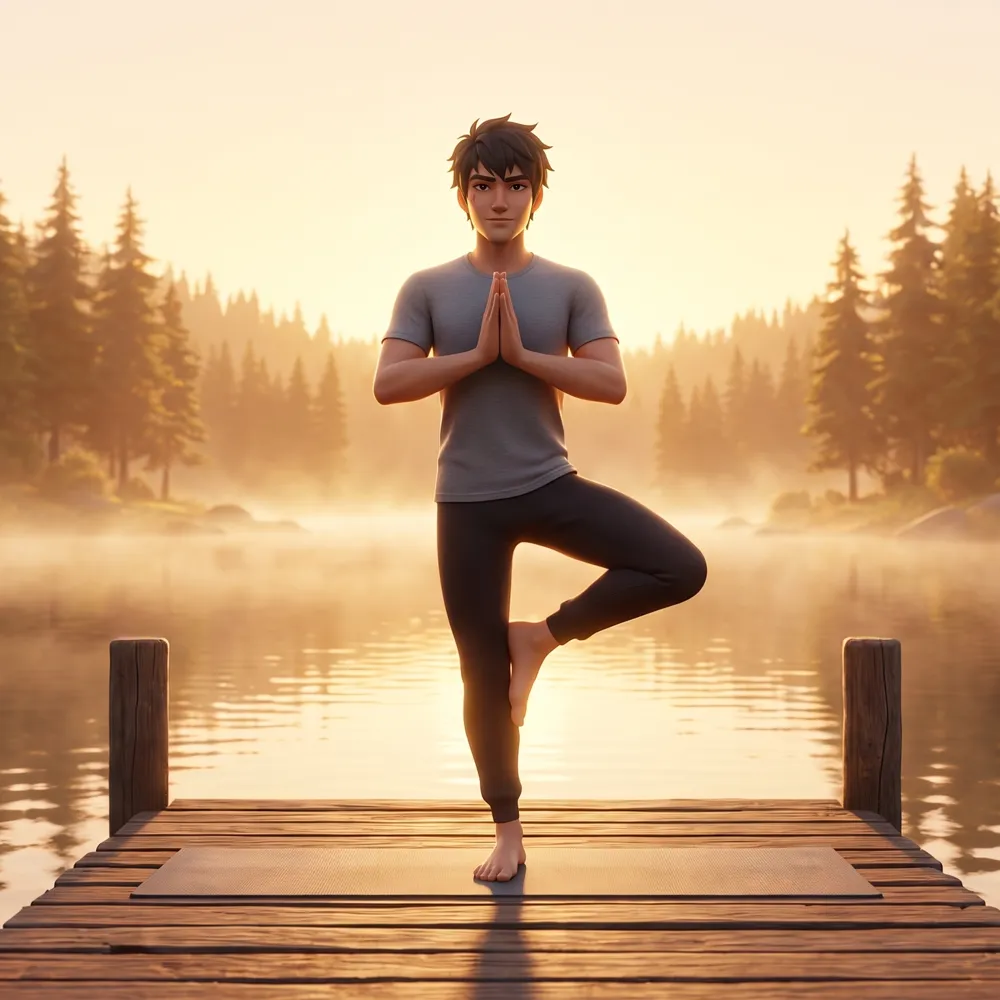 A young man balancing on one leg in tree pose at the end of a wooden dock on a misty lake at sunrise
